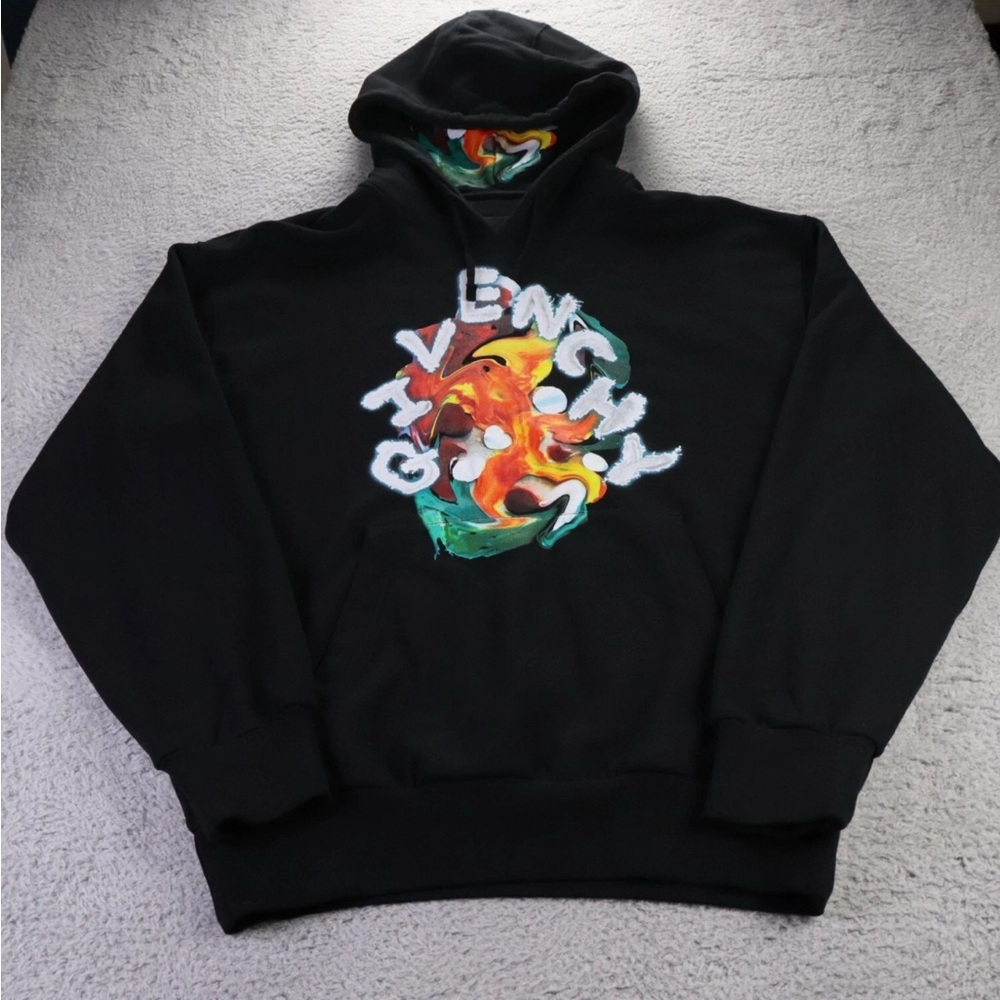 Givenchy Hoodie Mens Small Black Psychedelic Print Boxy Fit Fleece Designer Y2K